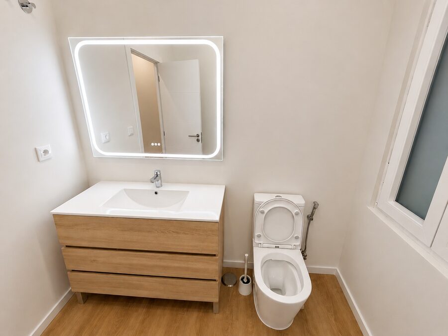 Remodeled bathroom with floating vanity and lighted mirror